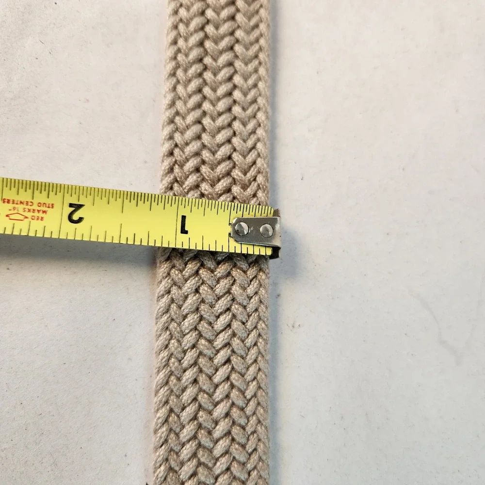 VTG TRS Mens 34/36 Braided Woven Belt Tan Genuine Leather Trim Brass Buckle EUC